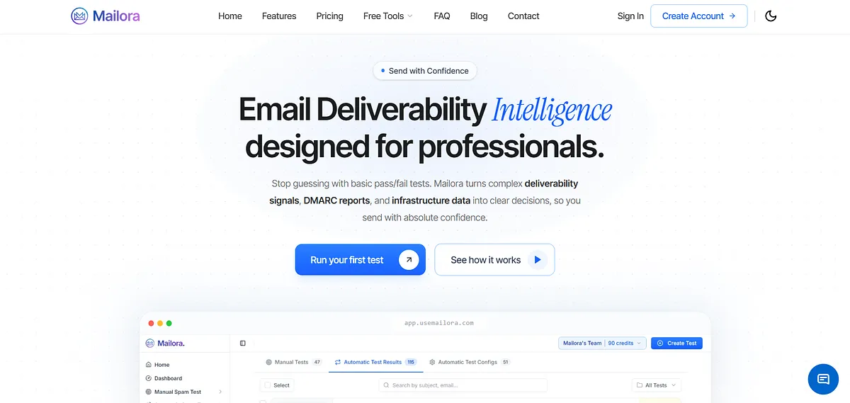 Screenshot of homepage of Mailora