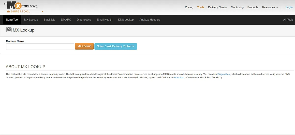 Screenshot of home page of MXToolbox