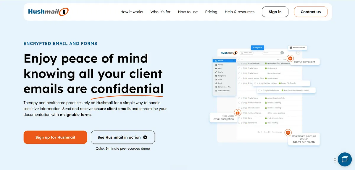 Screenshot of home page of Hushmail’s website
