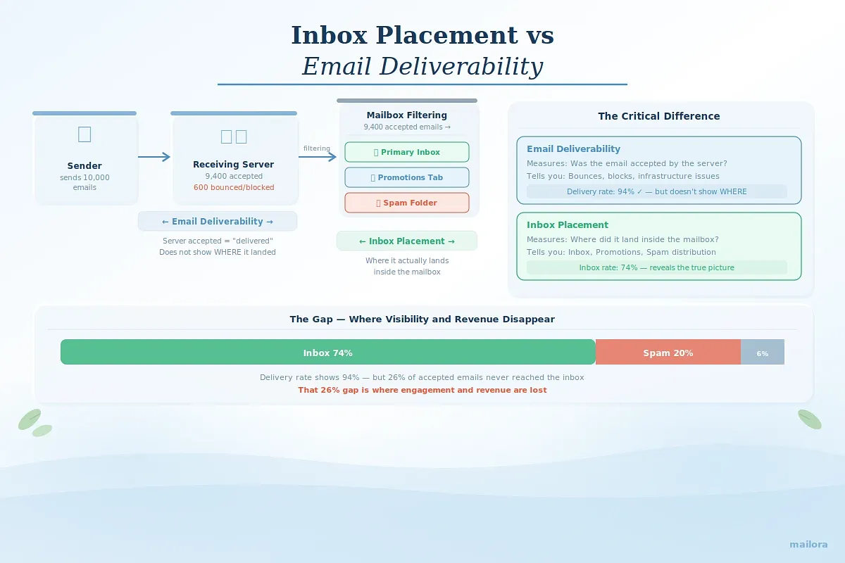  "Inbox Placement vs Email Deliverability" → Email journey flow (Sender → Server → Filtering → Destinations) with a side-by-side comparison panel and a progress bar showing the 74% inbox / 20% spam / 6% blocked gap