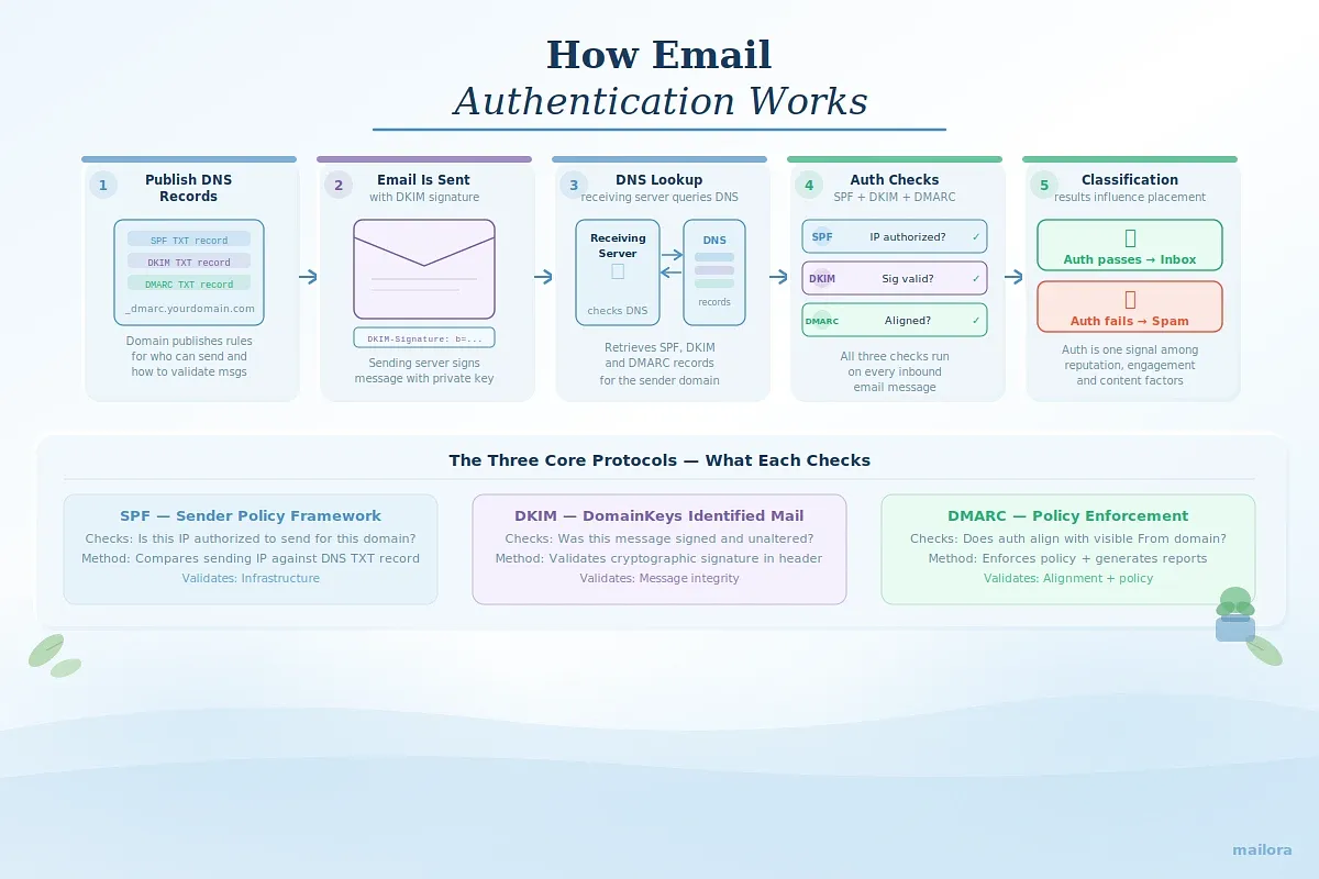 "How Email Authentication Works" → 5-step horizontal flow (Publish DNS → Email Sent → DNS Lookup → Auth Checks → Classification) with a 3-column protocol summary strip at the bottom