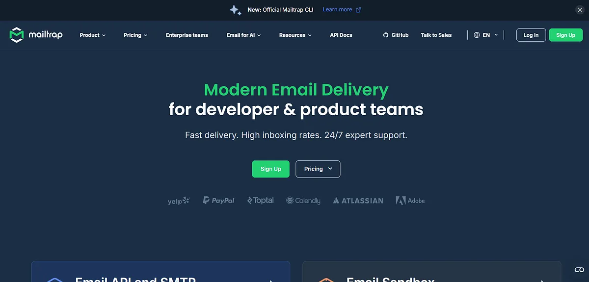 Screenshot of home page of Mailtrap