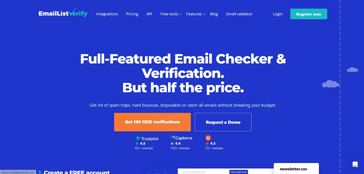 Screenshot of home page of Emaillistverify