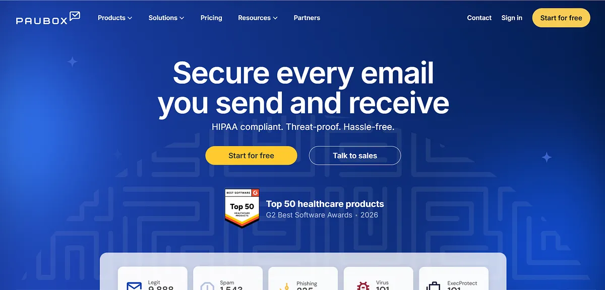 Screenshot of home page of Paubox’s website