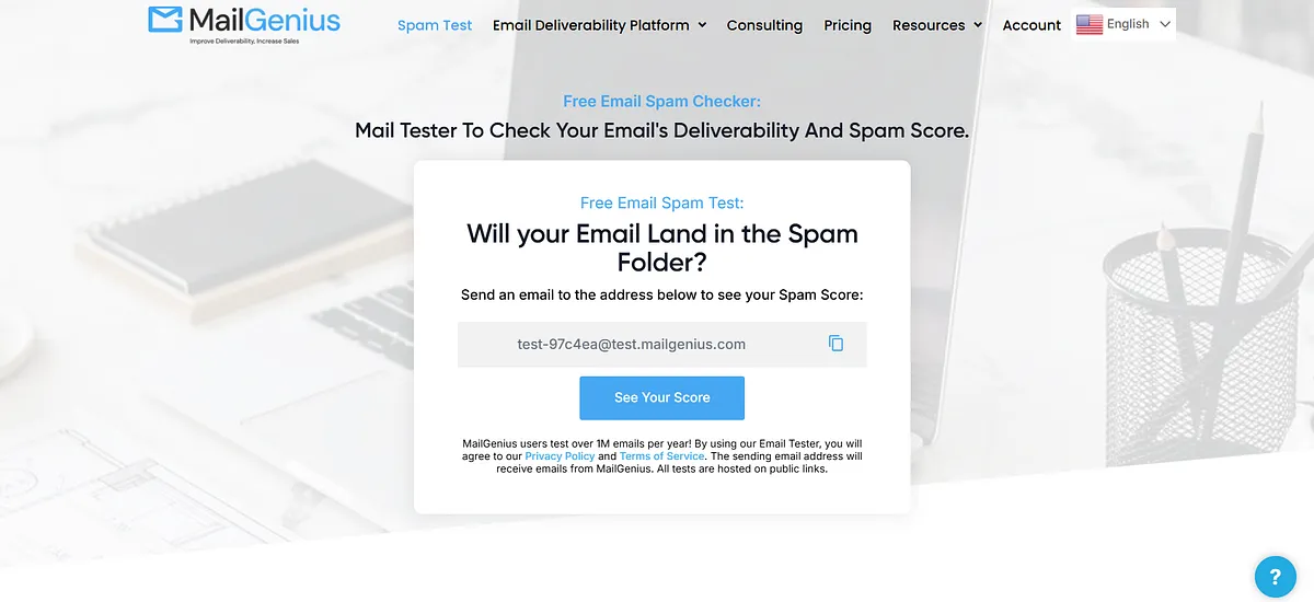 Screenshot of home page of MailGenius