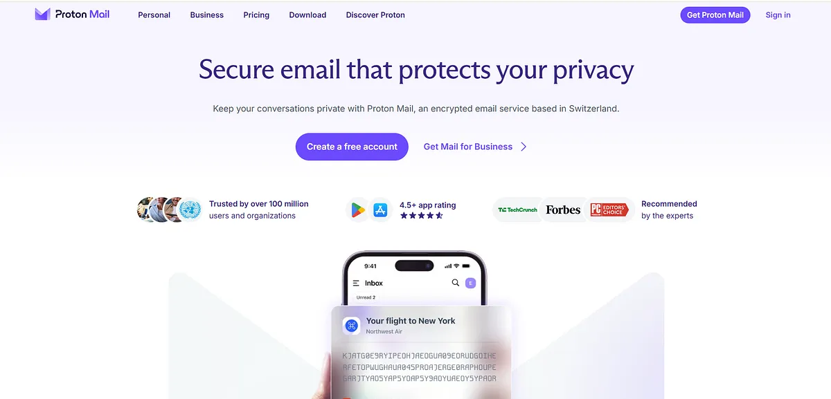 Screenshot of home page of Proton mail’s website