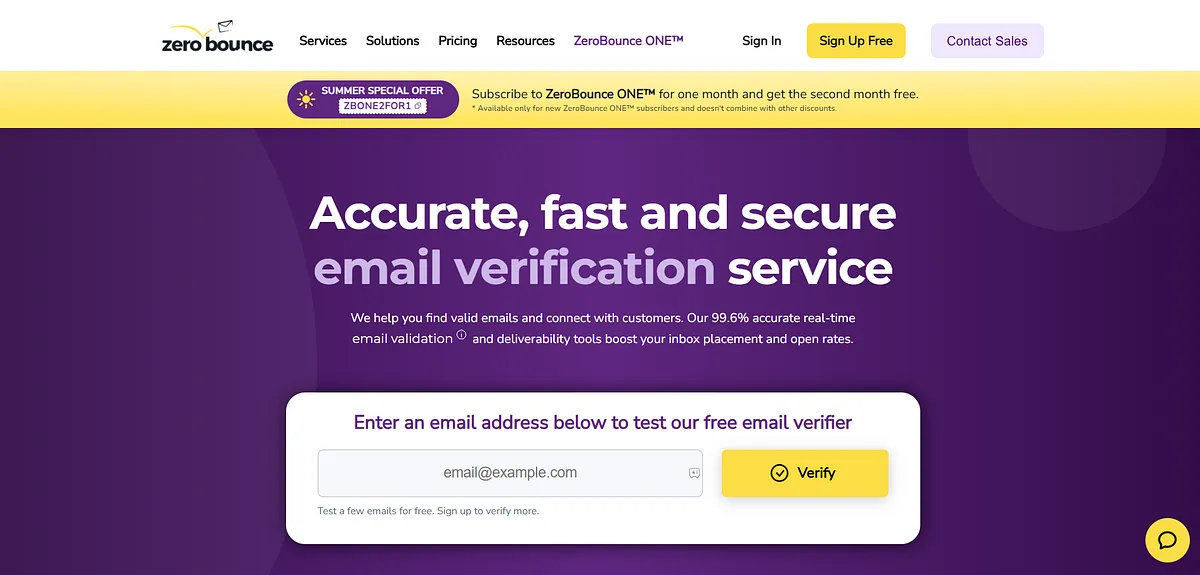 Screenshot of home page of ZeroBounce