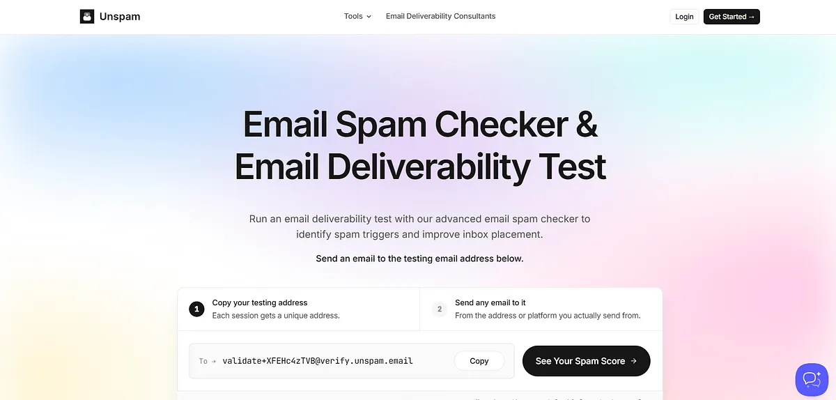 Screenshot of home page of Unspam.email