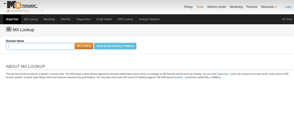 Screenshot of home page of MXToolbox website