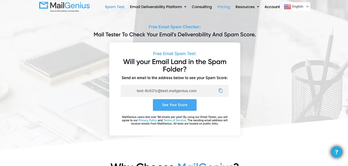 Screenshot of home page of MailGenius
