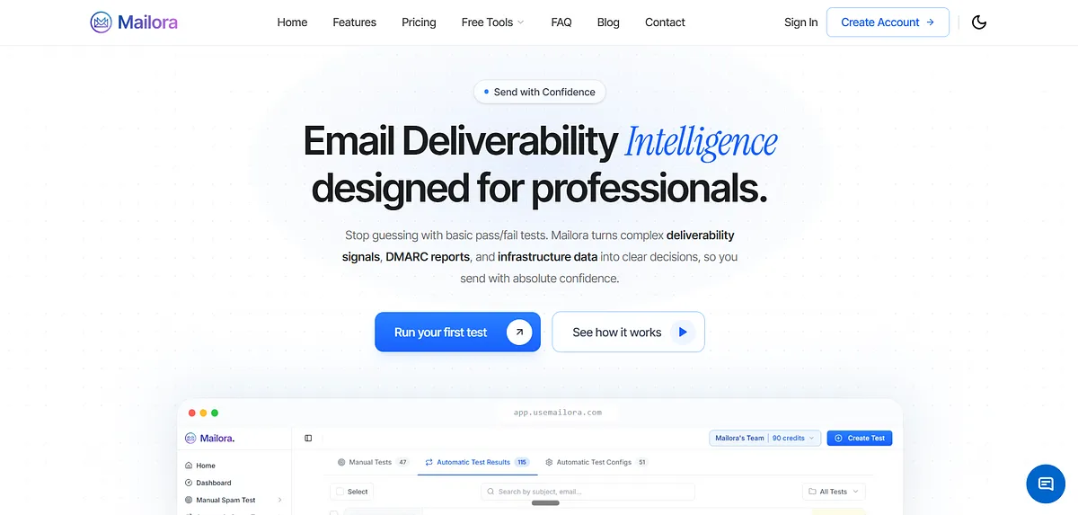 Screenshot of Mailora home page
