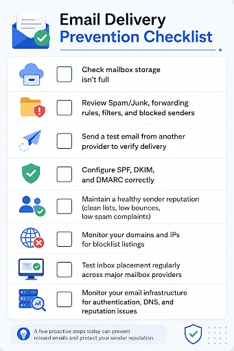 Checklist infographic outlining email delivery best practices, including checking mailbox storage, reviewing spam folders and filters, testing email delivery, configuring SPF, DKIM, and DMARC, maintaining sender reputation, monitoring blocklists, testing inbox placement, and monitoring email infrastructure.
