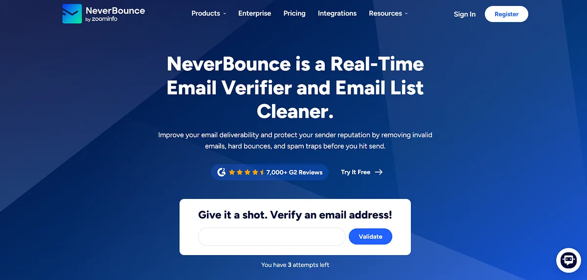 Screenshot of home page of NeverBounce