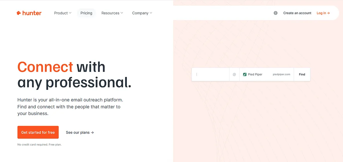Screenshot of home page of hunter.io