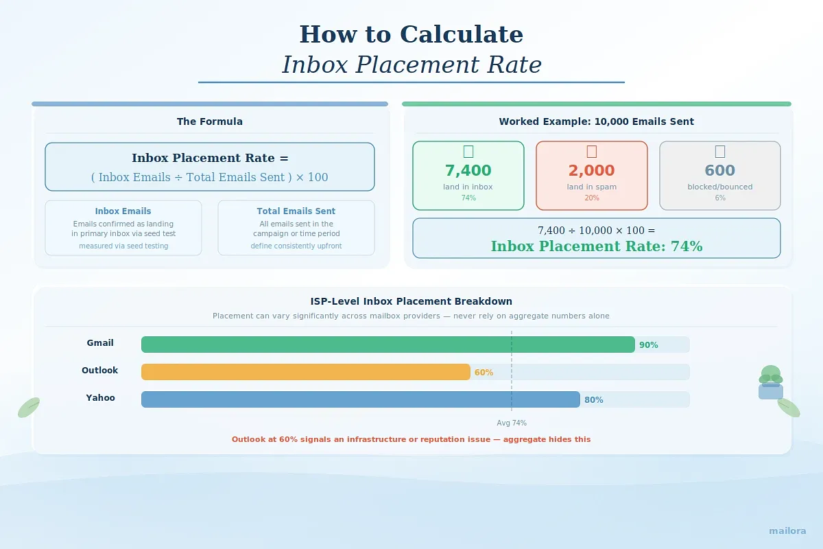 "How to Calculate Inbox Placement Rate" → Formula card on the left, worked example (10,000 emails) on the right, with an ISP-level bar chart at the bottom showing Gmail/Outlook/Yahoo variance